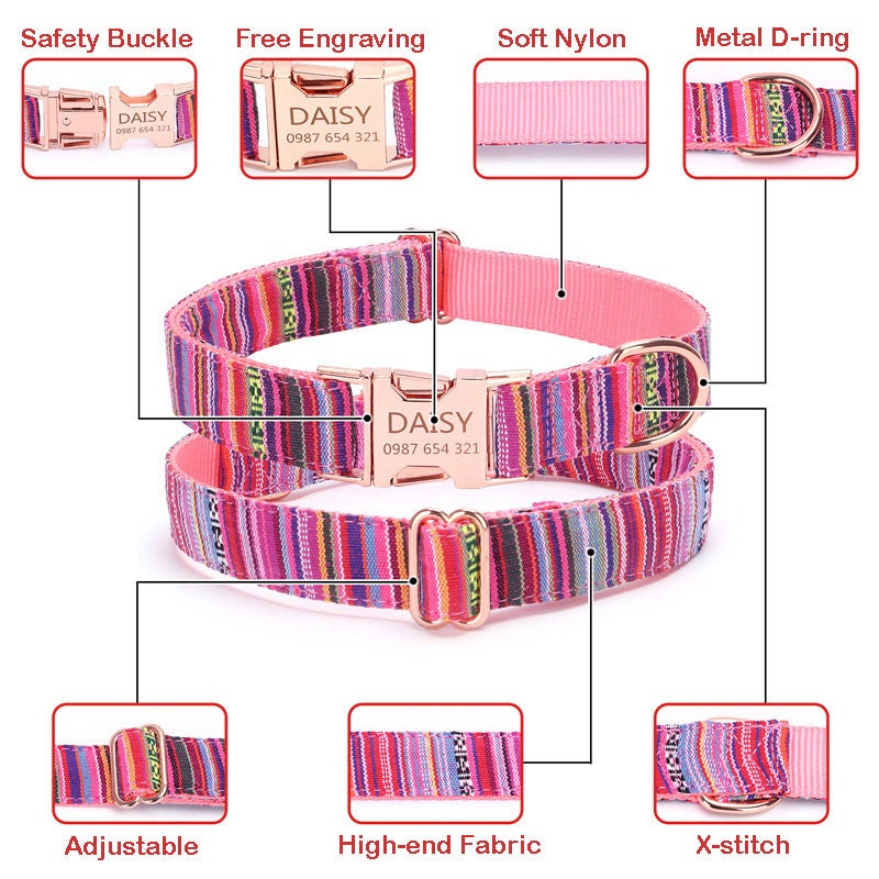 Adjustable Personalize Dog Collar, Customized Puppy Collars, Stripe Modern Engraved Dog Gift