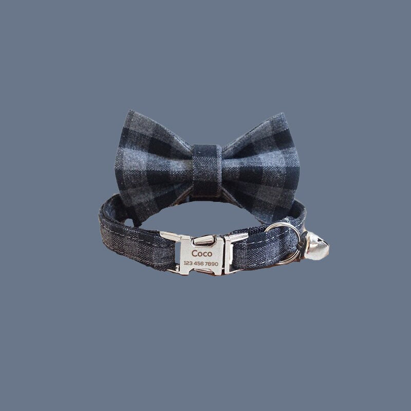 Personalized Cat Collar, Cute Girl Kitten Collar with Bell, Plaid Custom Cat Collar with Bow Tie, Bow Tie Collar, Cat Gift, Kitten Gift