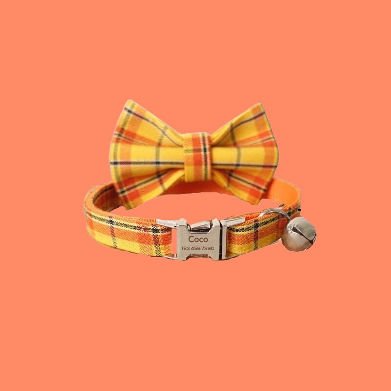 Personalized Cat Collar, Cute Girl Kitten Collar with Bell, Plaid Custom Cat Collar with Bow Tie, Bow Tie Collar, Cat Gift, Kitten Gift