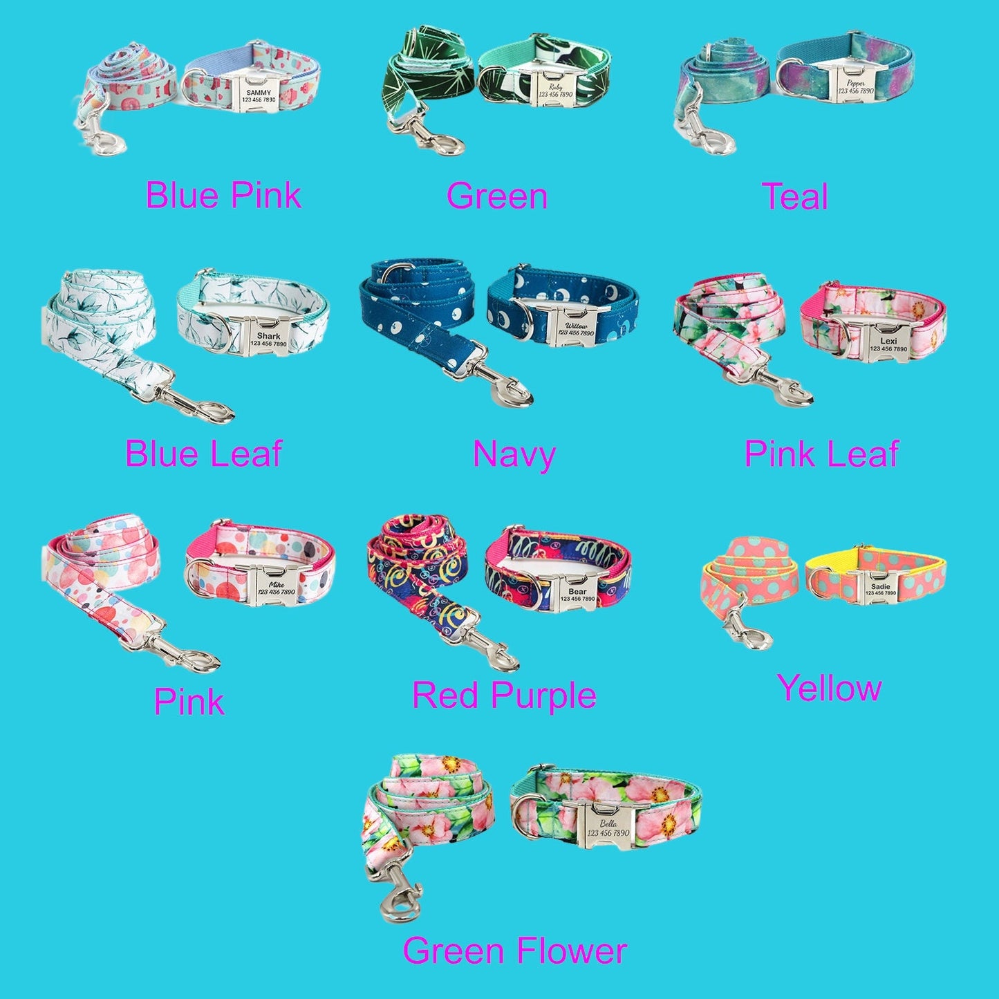 Cute Print Personalized Dog Collar, Floral Custom Pet Collar with Leash Set, Custom Engraved Pet Name Metal Buckle