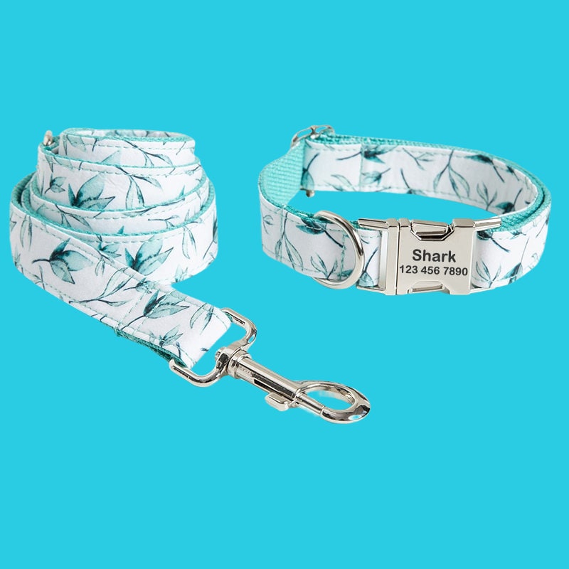 Cute Print Personalized Dog Collar, Floral Custom Pet Collar with Leash Set, Custom Engraved Pet Name Metal Buckle