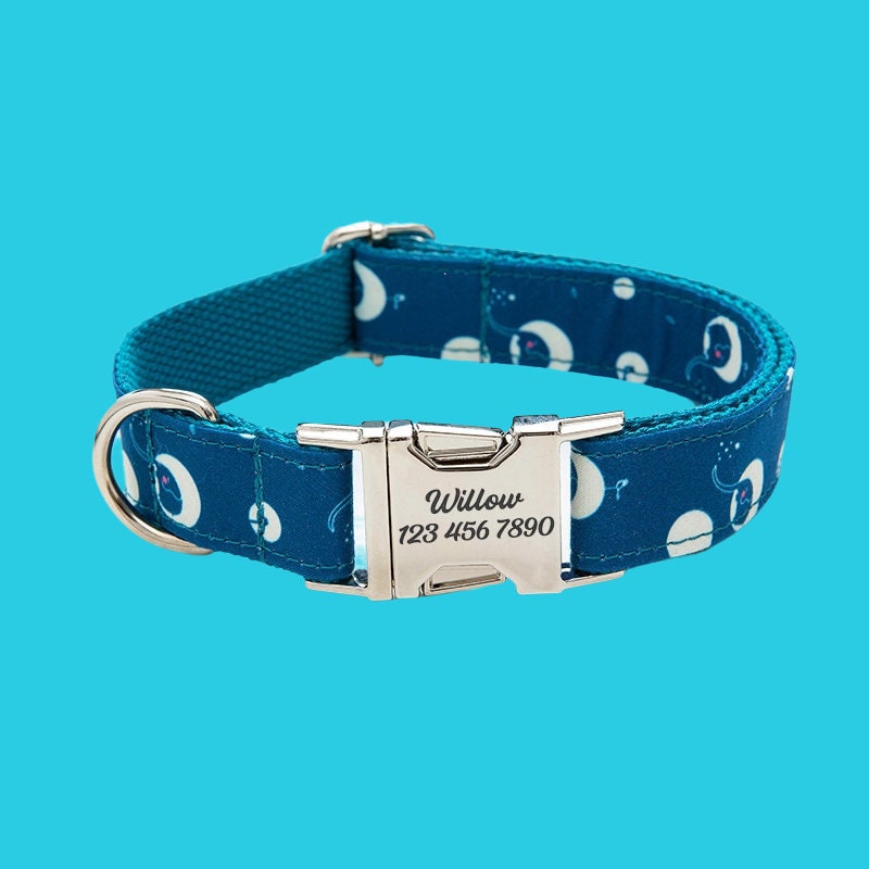 Cute Print Personalized Dog Collar, Floral Custom Pet Collar with Leash Set, Custom Engraved Pet Name Metal Buckle