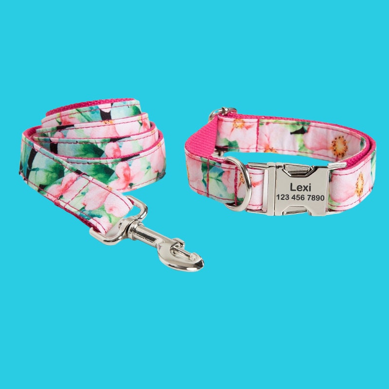 Cute Print Personalized Dog Collar, Floral Custom Pet Collar with Leash Set, Custom Engraved Pet Name Metal Buckle