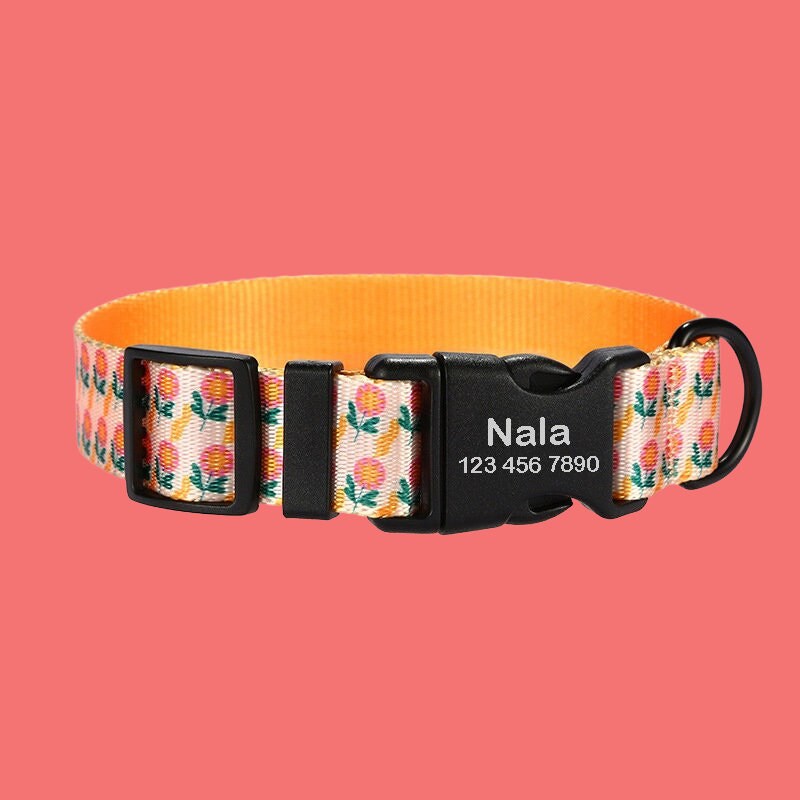 Flower Print Personalized Dog Collar with Leash, Custom Puppy ID Collars, Cute Personalized Dog Gift, Pet ID Collar with Name