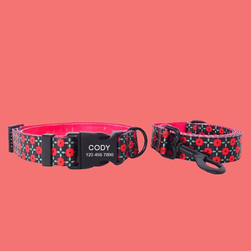 Flower Print Personalized Dog Collar with Leash, Custom Puppy ID Collars, Cute Personalized Dog Gift, Pet ID Collar with Name