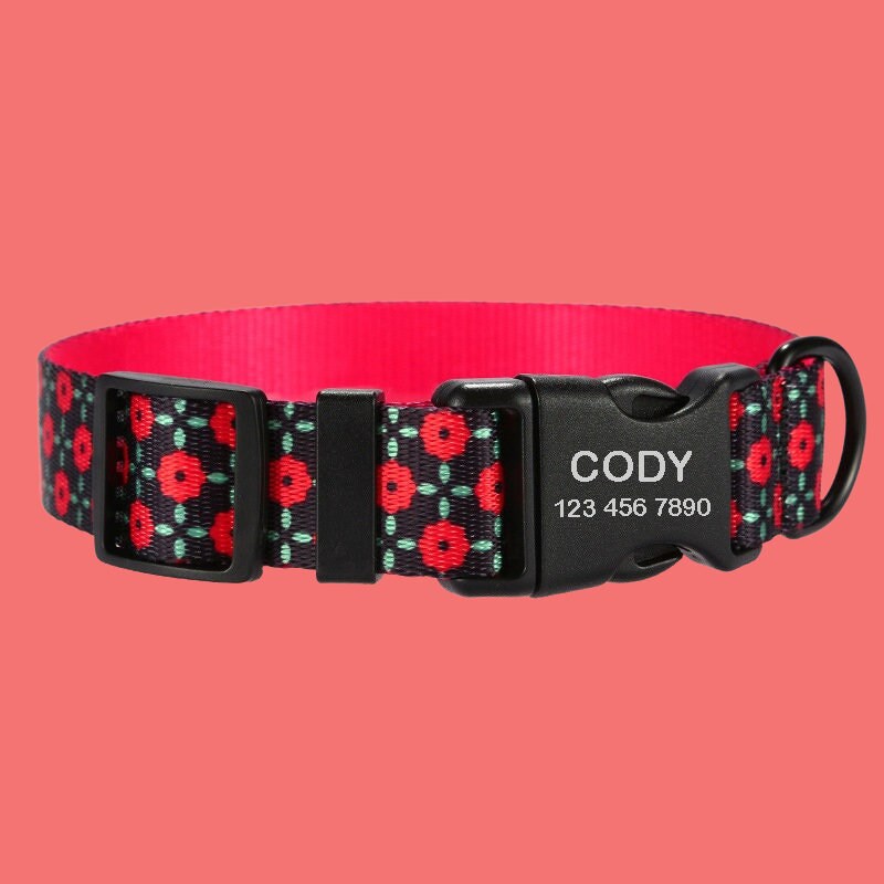 Flower Print Personalized Dog Collar with Leash, Custom Puppy ID Collars, Cute Personalized Dog Gift, Pet ID Collar with Name