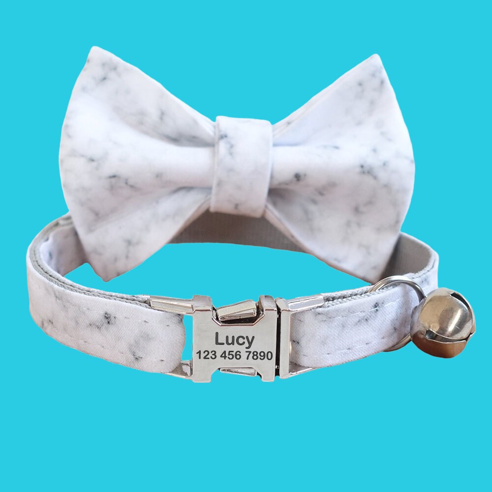 Personalized Cat Collars Bowtie Set, Engraved Kitten Name Tag For Free, Print Adjustable Custom Cat Collar With Bell, Cat Gift