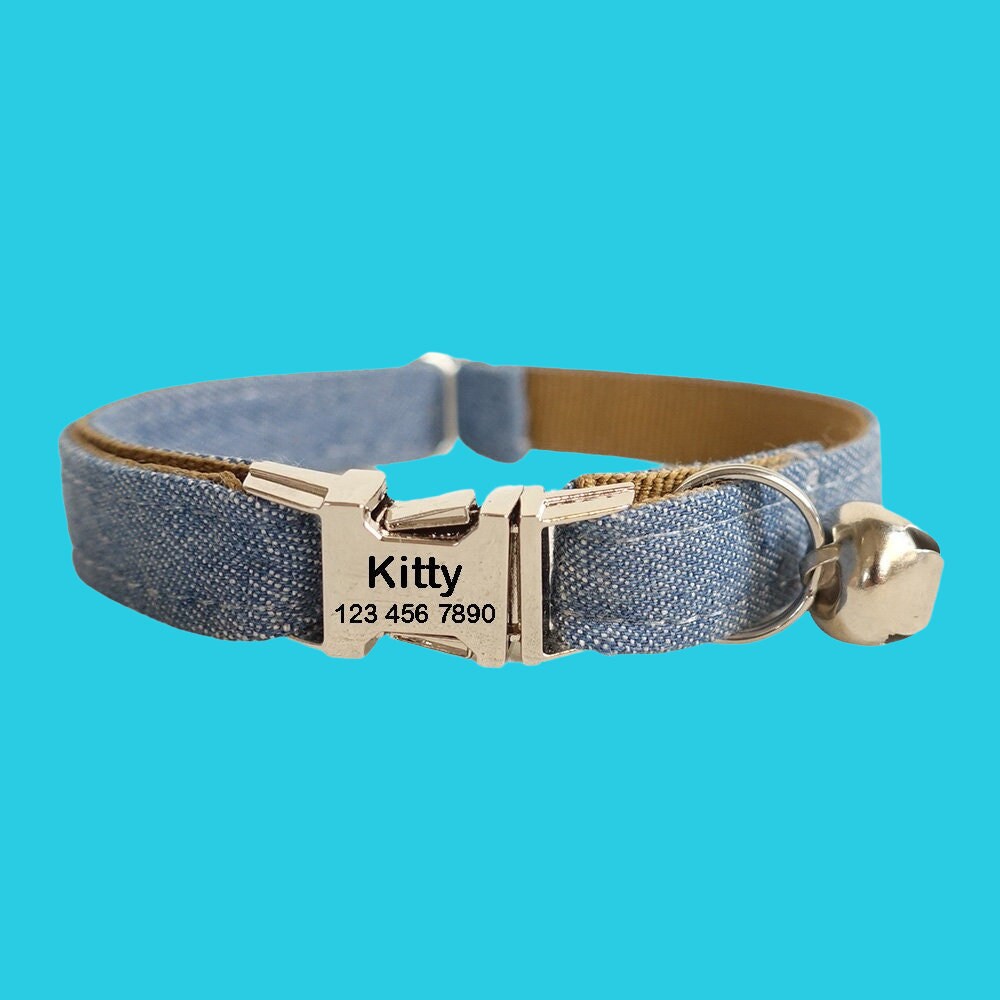 Blue Cat Collars, Adjustable Personalized Cat Collar With Bell, Custom Boy Kitten Collar, Cat Gift