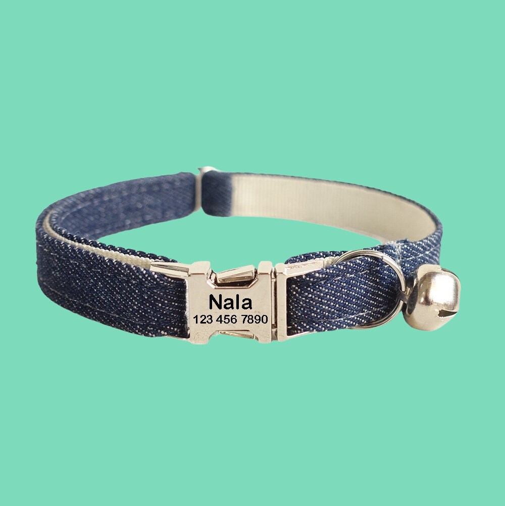 Blue Cat Collars, Adjustable Personalized Cat Collar With Bell, Custom Boy Kitten Collar, Cat Gift