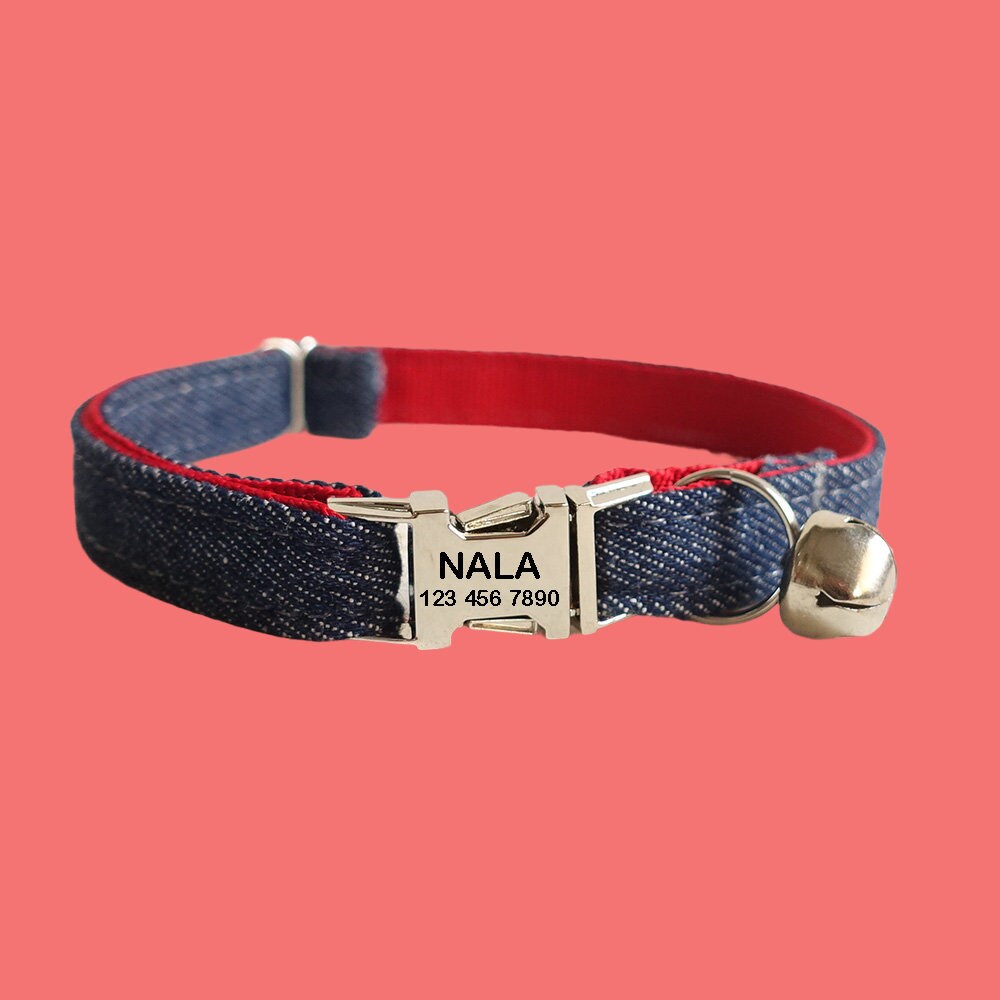 Blue Cat Collars, Adjustable Personalized Cat Collar With Bell, Custom Boy Kitten Collar, Cat Gift