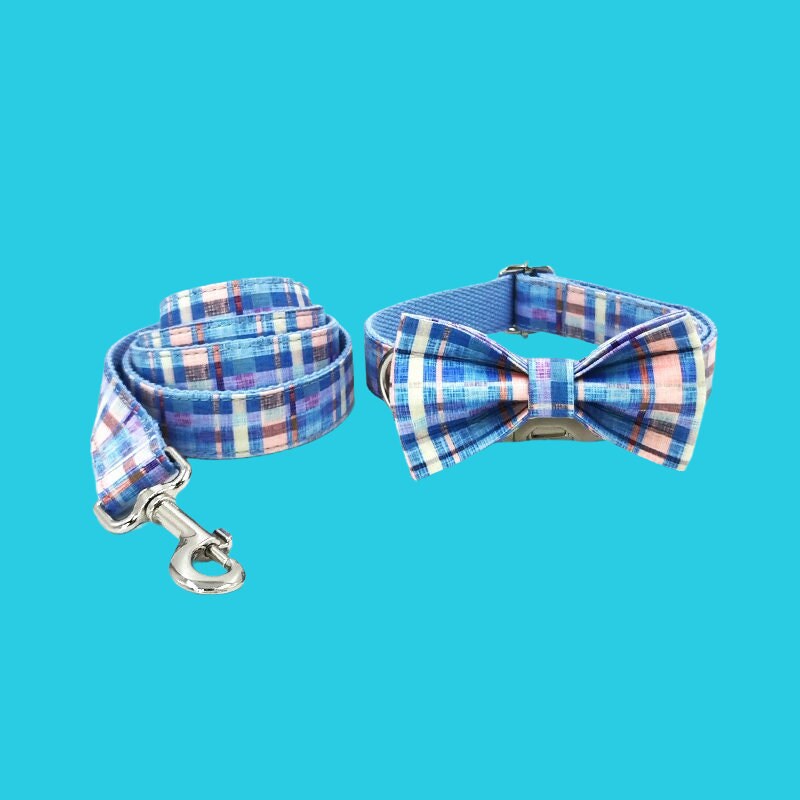 Plaid Personalized Dog Collar with Bow Tie Leash Set, Custom Engraved Pet Name Metal Buckle, Puppy Birthday Gift, Free Shipping