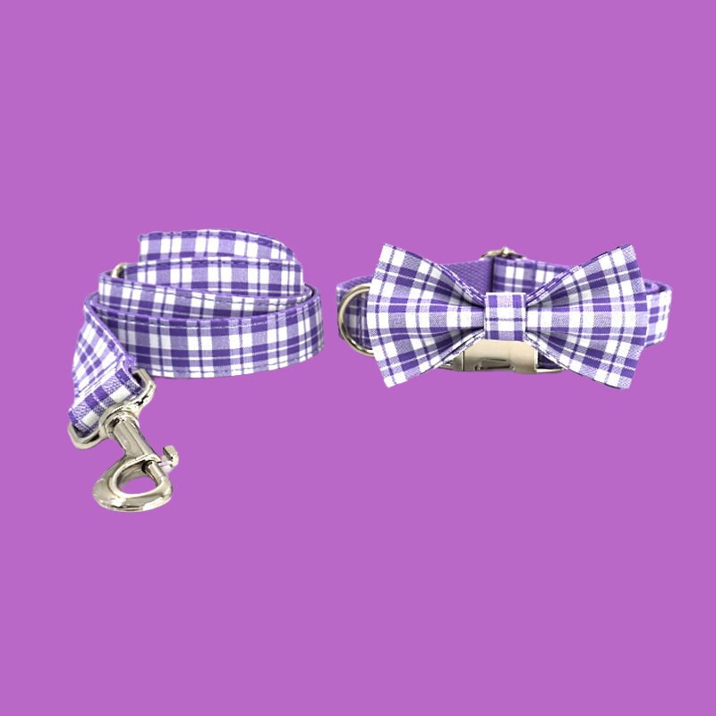 Plaid Personalized Dog Collar with Bow Tie Leash Set, Custom Engraved Pet Name Metal Buckle, Puppy Birthday Gift, Free Shipping