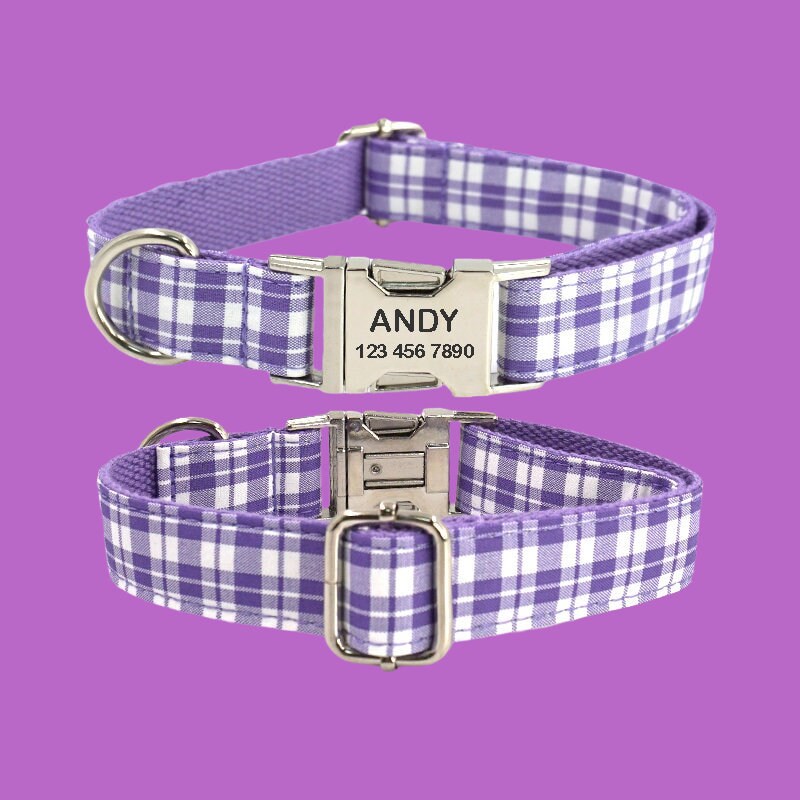 Plaid Personalized Dog Collar with Bow Tie Leash Set, Custom Engraved Pet Name Metal Buckle, Puppy Birthday Gift, Free Shipping