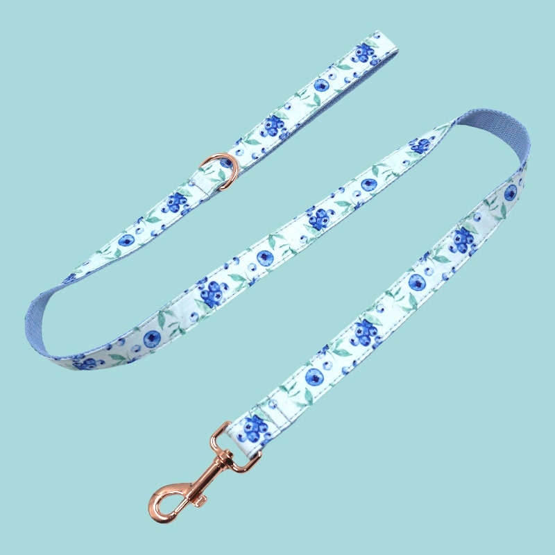 a blue and white flowered leash with a metal hook