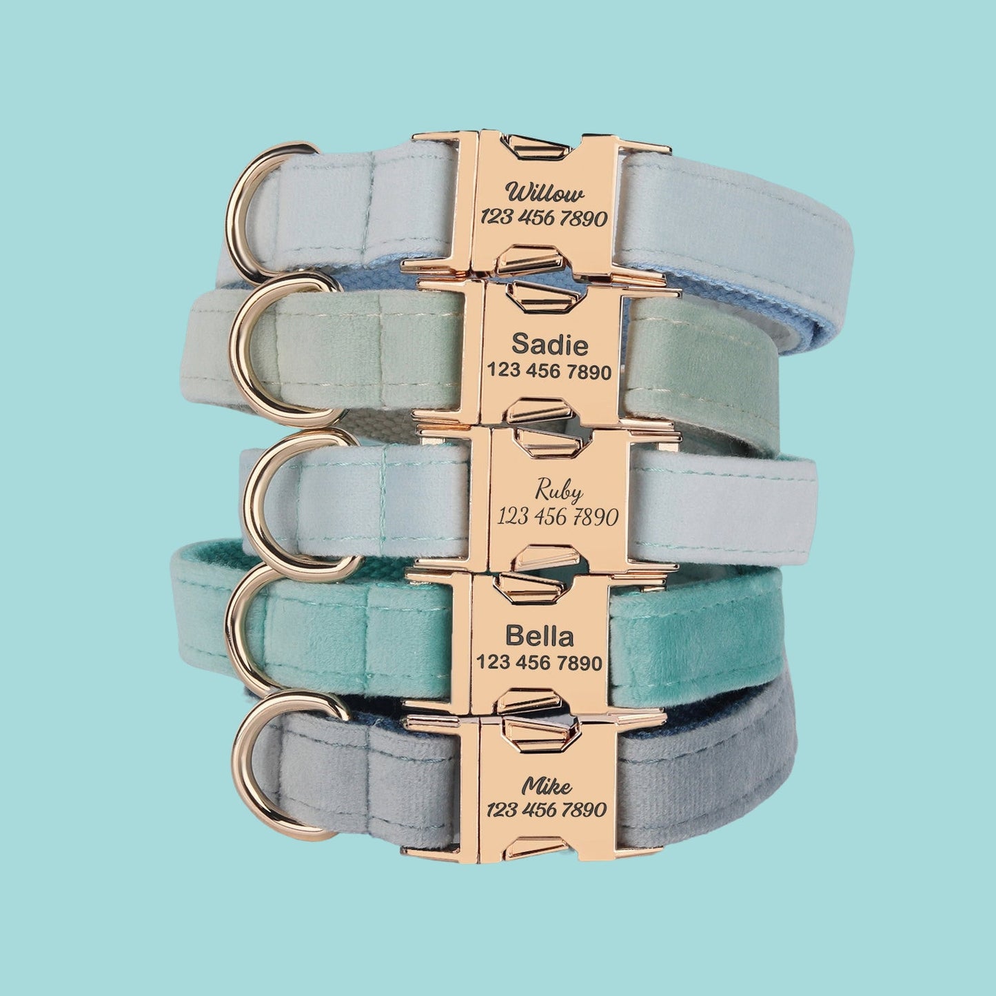 Velvet Personalized Dog Collar Leash Set, Blue+Grey+Teal, Engraved Pet Name Metal Buckle, Wedding Dog Gift, Custom Puppy Collar