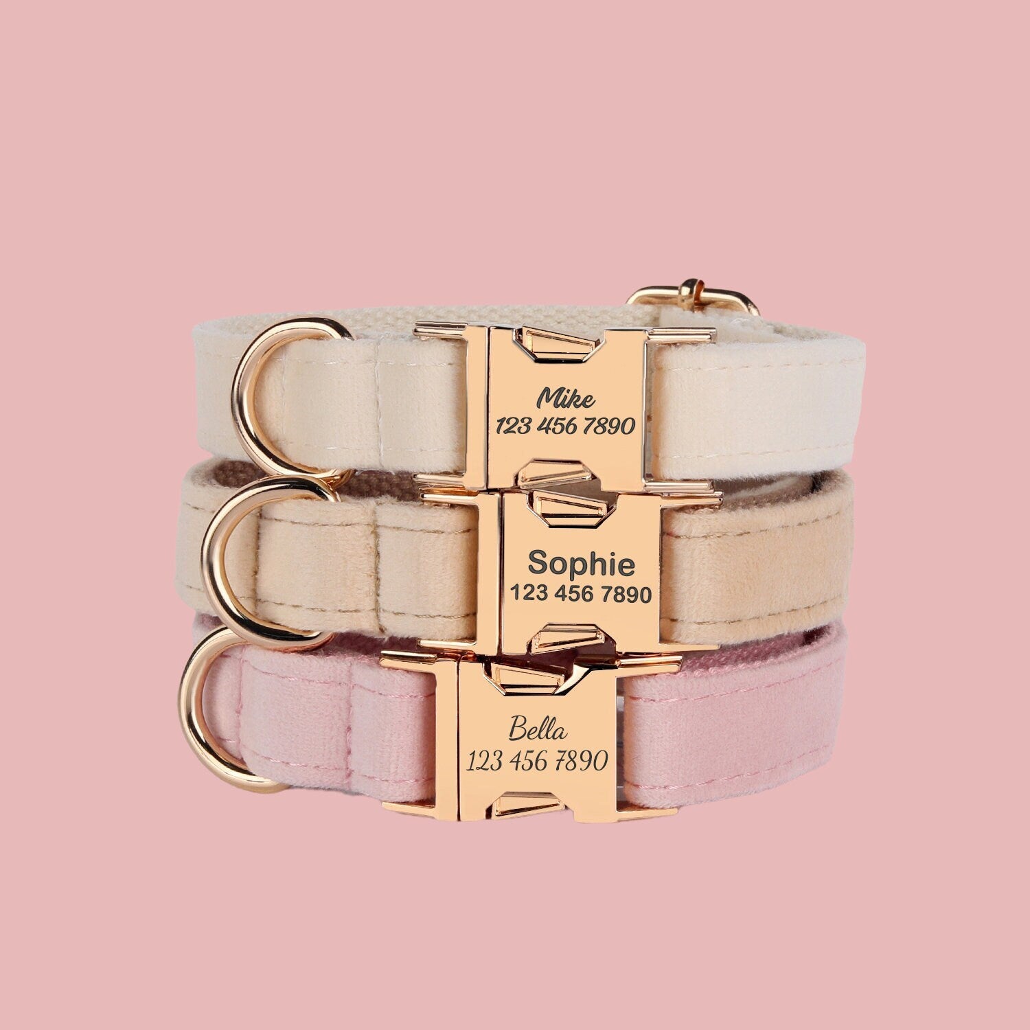 Velvet Personalized Dog Collar Leash Set, Pink+Beige, Engraved Pet Name Metal Buckle, Wedding Dog Gift, Custom Puppy Collar