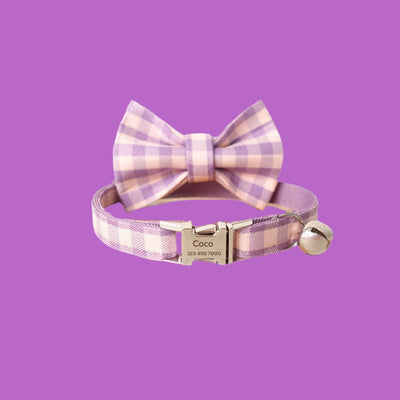 Personalized Cat Collar, Cute Girl Kitten Collar with Bell, Plaid Custom Cat Collar with Bow Tie, Bow Tie Collar, Cat Gift, Kitten Gift