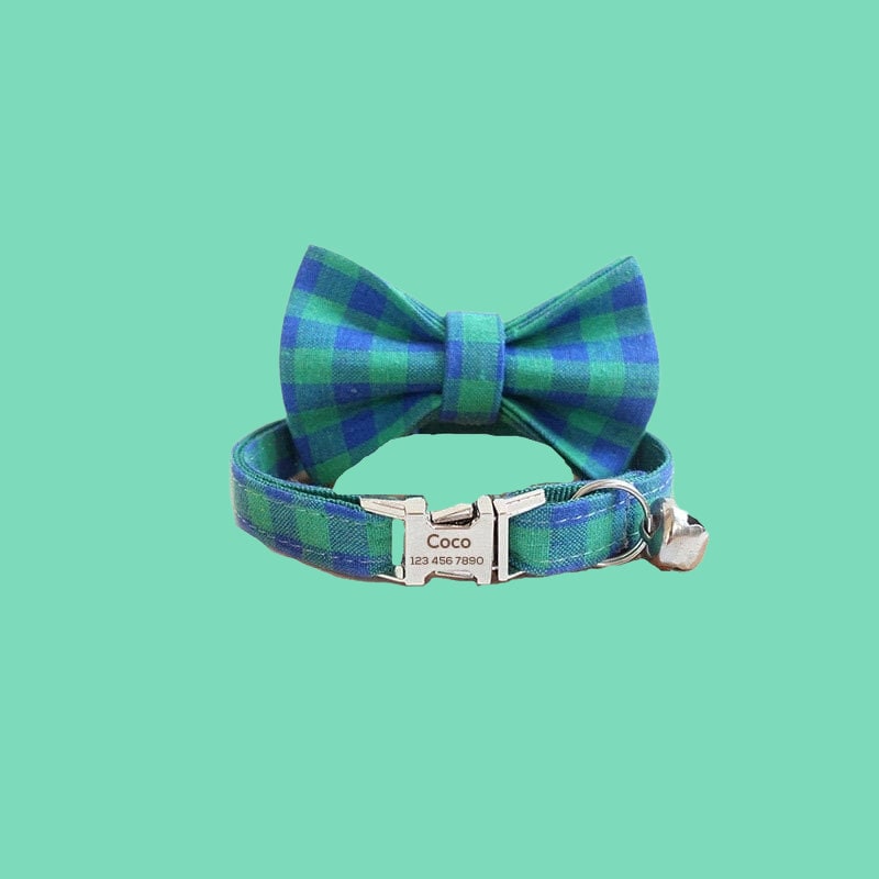 Personalized Cat Collar, Cute Girl Kitten Collar with Bell, Plaid Custom Cat Collar with Bow Tie, Bow Tie Collar, Cat Gift, Kitten Gift