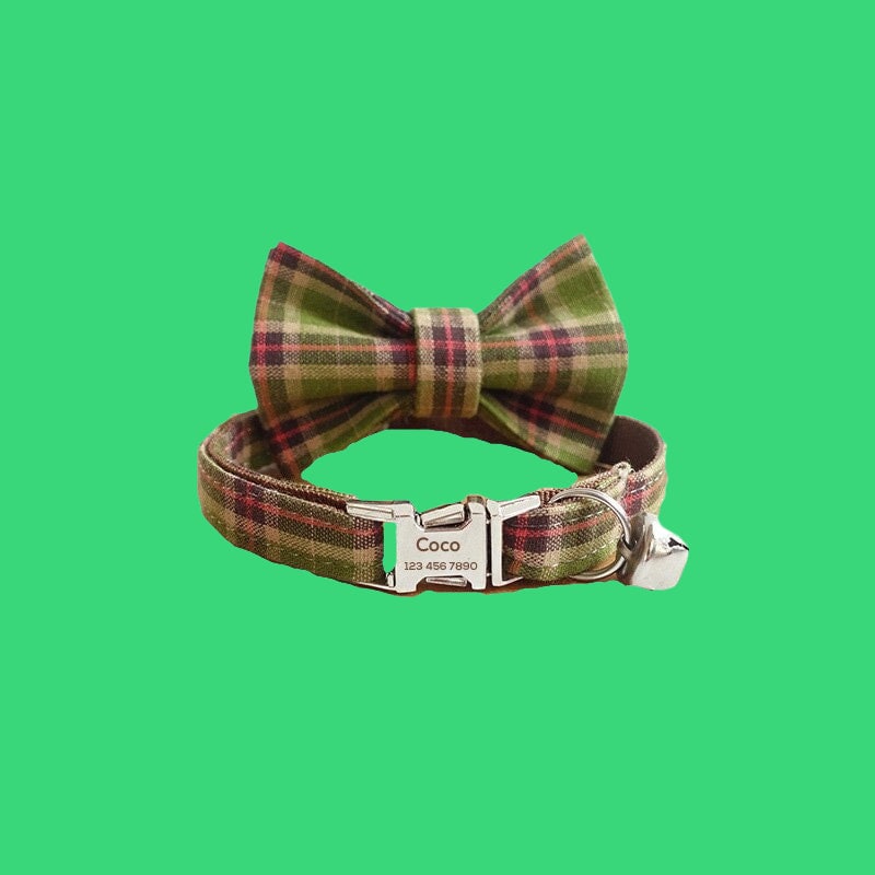 Personalized Cat Collar, Cute Girl Kitten Collar with Bell, Plaid Custom Cat Collar with Bow Tie, Bow Tie Collar, Cat Gift, Kitten Gift