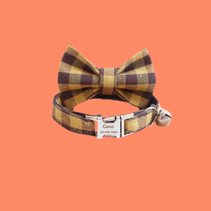 Personalized Cat Collar, Cute Girl Kitten Collar with Bell, Plaid Custom Cat Collar with Bow Tie, Bow Tie Collar, Cat Gift, Kitten Gift