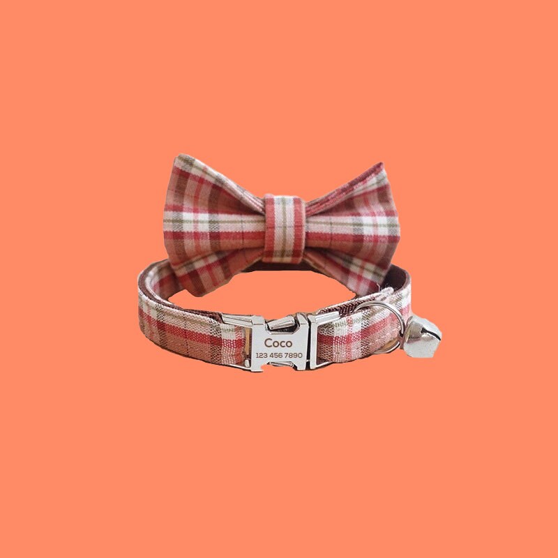 Personalized Cat Collar, Cute Girl Kitten Collar with Bell, Plaid Custom Cat Collar with Bow Tie, Bow Tie Collar, Cat Gift, Kitten Gift