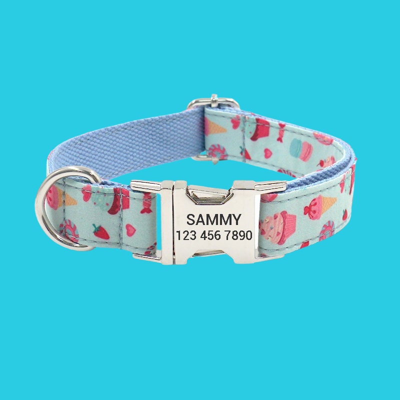 Cute Print Personalized Dog Collar, Floral Custom Pet Collar with Leash Set, Custom Engraved Pet Name Metal Buckle