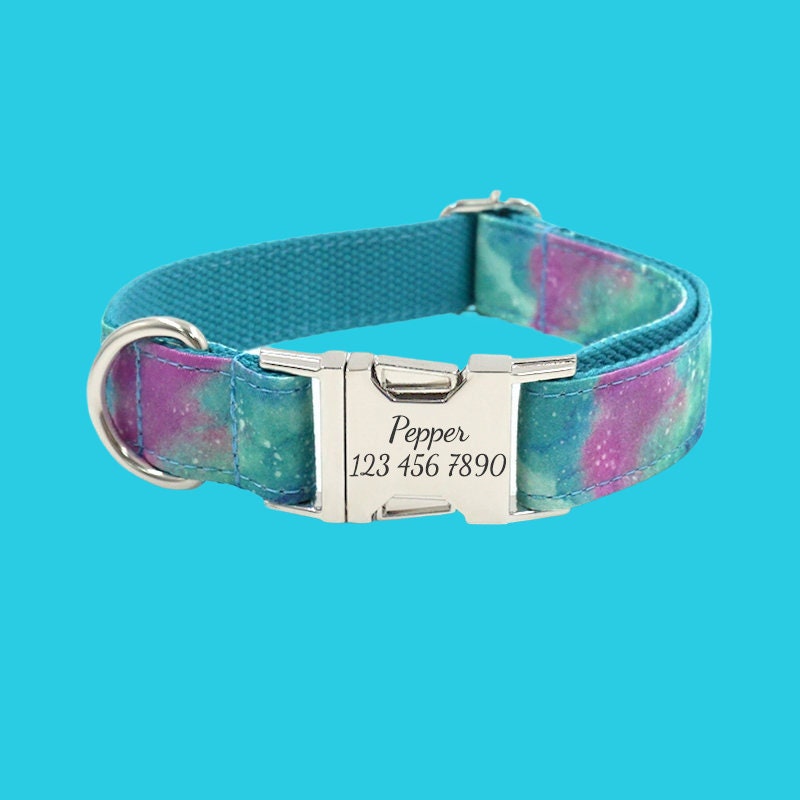 Cute Print Personalized Dog Collar, Floral Custom Pet Collar with Leash Set, Custom Engraved Pet Name Metal Buckle