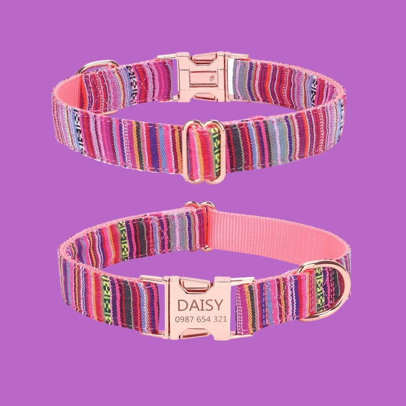 Adjustable Personalize Dog Collar, Customized Puppy Collars, Stripe Modern Engraved Dog Gift