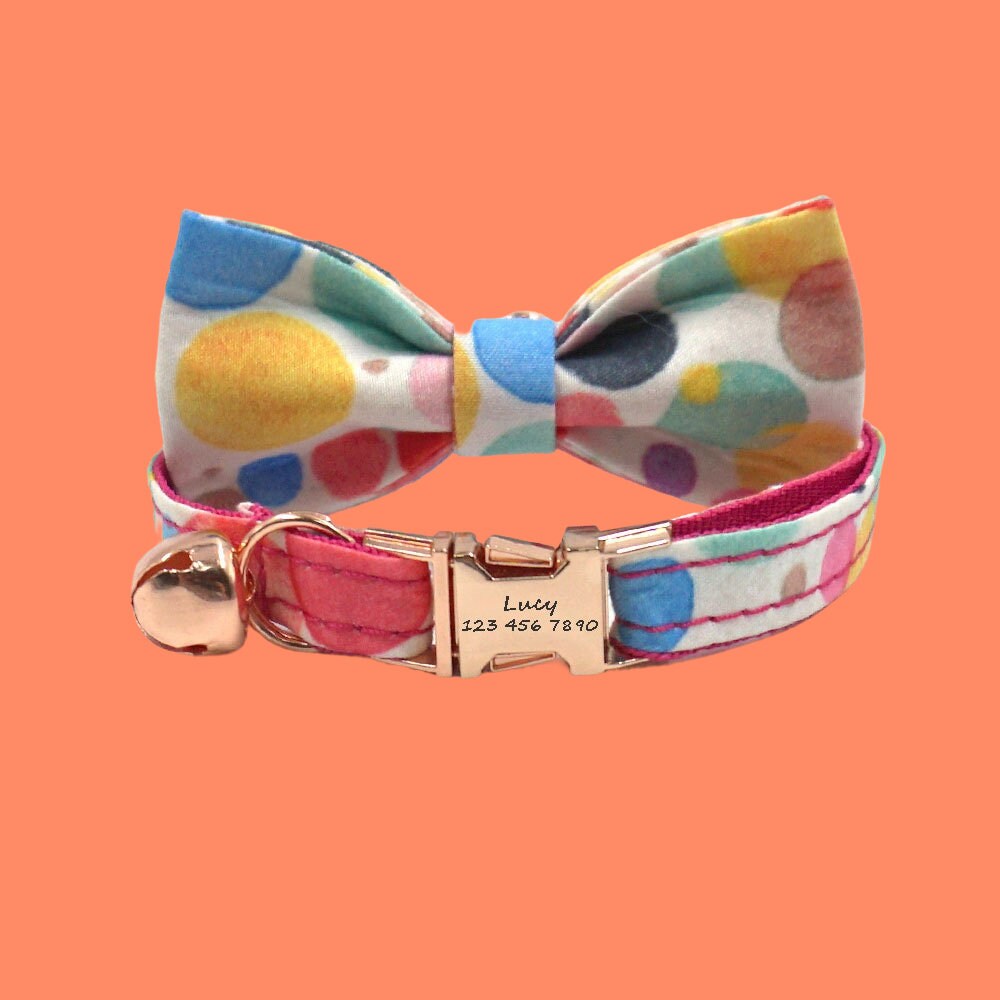 Personalized Cat Collar with Bow Tie, Custom Kitten Name Tag, Print Cat Collars with Free Bell, Engraved Cat Collars, Cat Gift