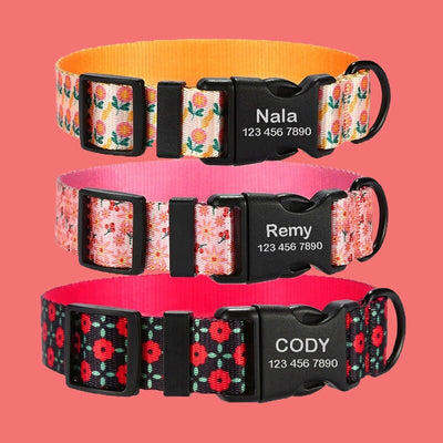 Flower Print Personalized Dog Collar with Leash, Custom Puppy ID Collars, Cute Personalized Dog Gift, Pet ID Collar with Name