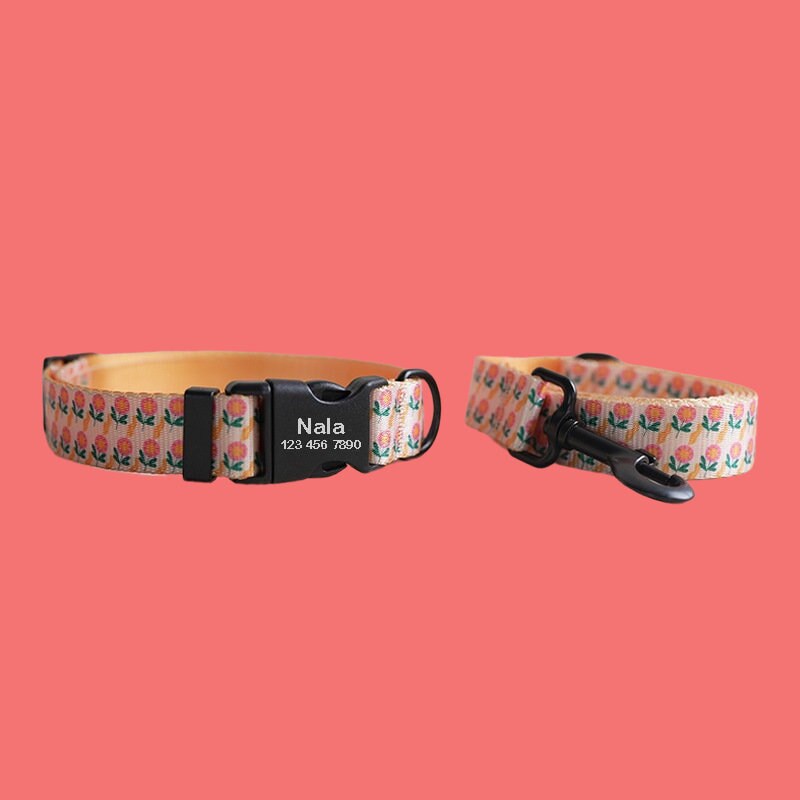 Flower Print Personalized Dog Collar with Leash, Custom Puppy ID Collars, Cute Personalized Dog Gift, Pet ID Collar with Name