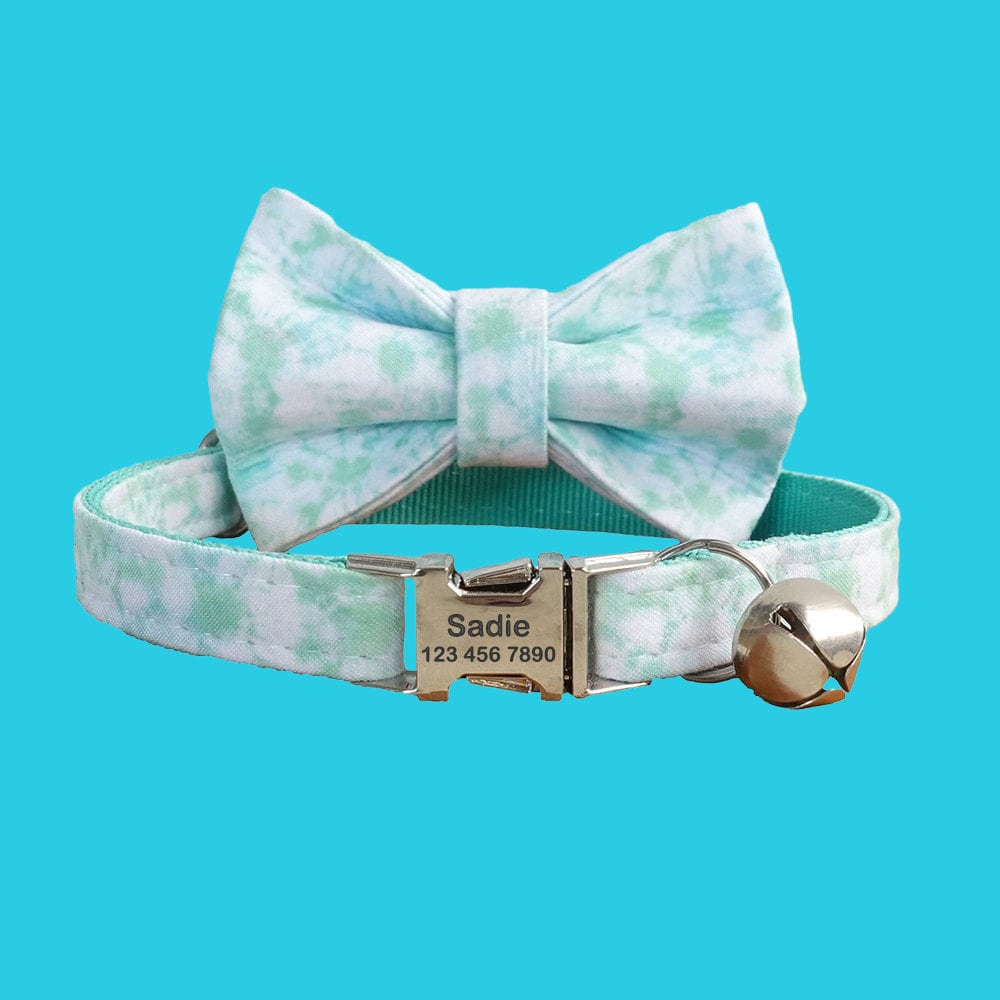 Cute Personalized Cat Collars Bowtie Set, Engraved Kitten Name Tag For Free, Print Adjustable Custom Cat Collar With Bell, Cat Gift