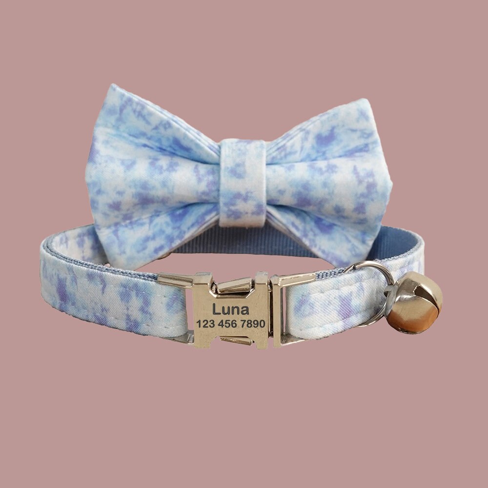 Cute Personalized Cat Collars Bowtie Set, Engraved Kitten Name Tag For Free, Print Adjustable Custom Cat Collar With Bell, Cat Gift