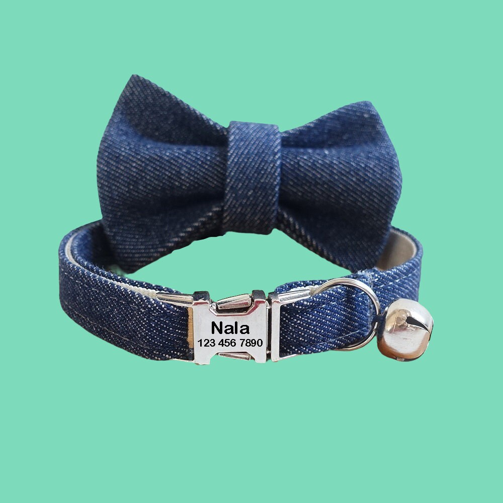 Blue Cat Collars, Adjustable Personalized Cat Collar With Bell, Custom Boy Kitten Collar, Cat Gift