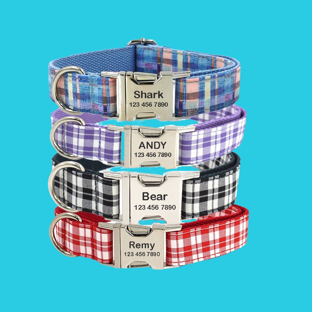 Plaid Personalized Dog Collar with Bow Tie Leash Set, Custom Engraved Pet Name Metal Buckle, Puppy Birthday Gift, Free Shipping