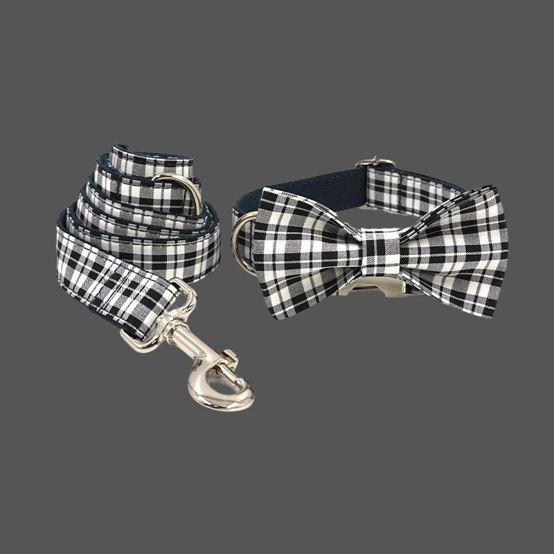 Plaid Personalized Dog Collar with Bow Tie Leash Set, Custom Engraved Pet Name Metal Buckle, Puppy Birthday Gift, Free Shipping