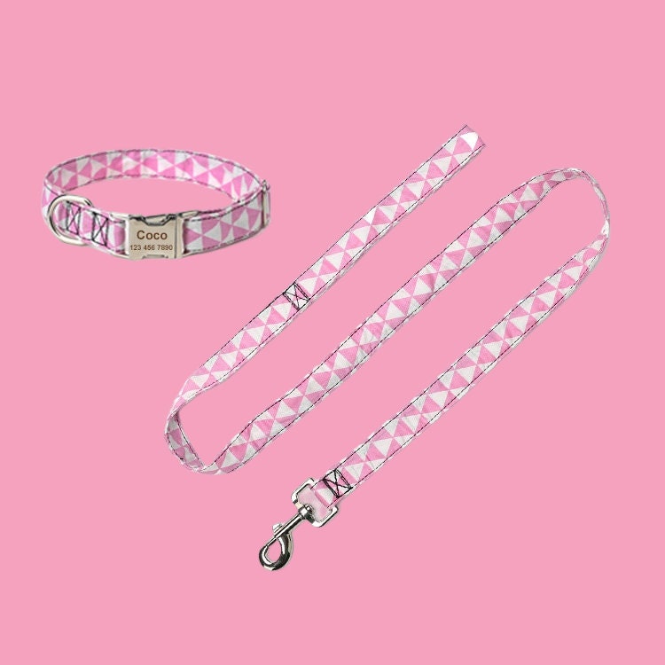 Cotton Personalized Dog Collar and Leash Set, Custom Dog Collars, Engraved Pet Name, Dog Gift