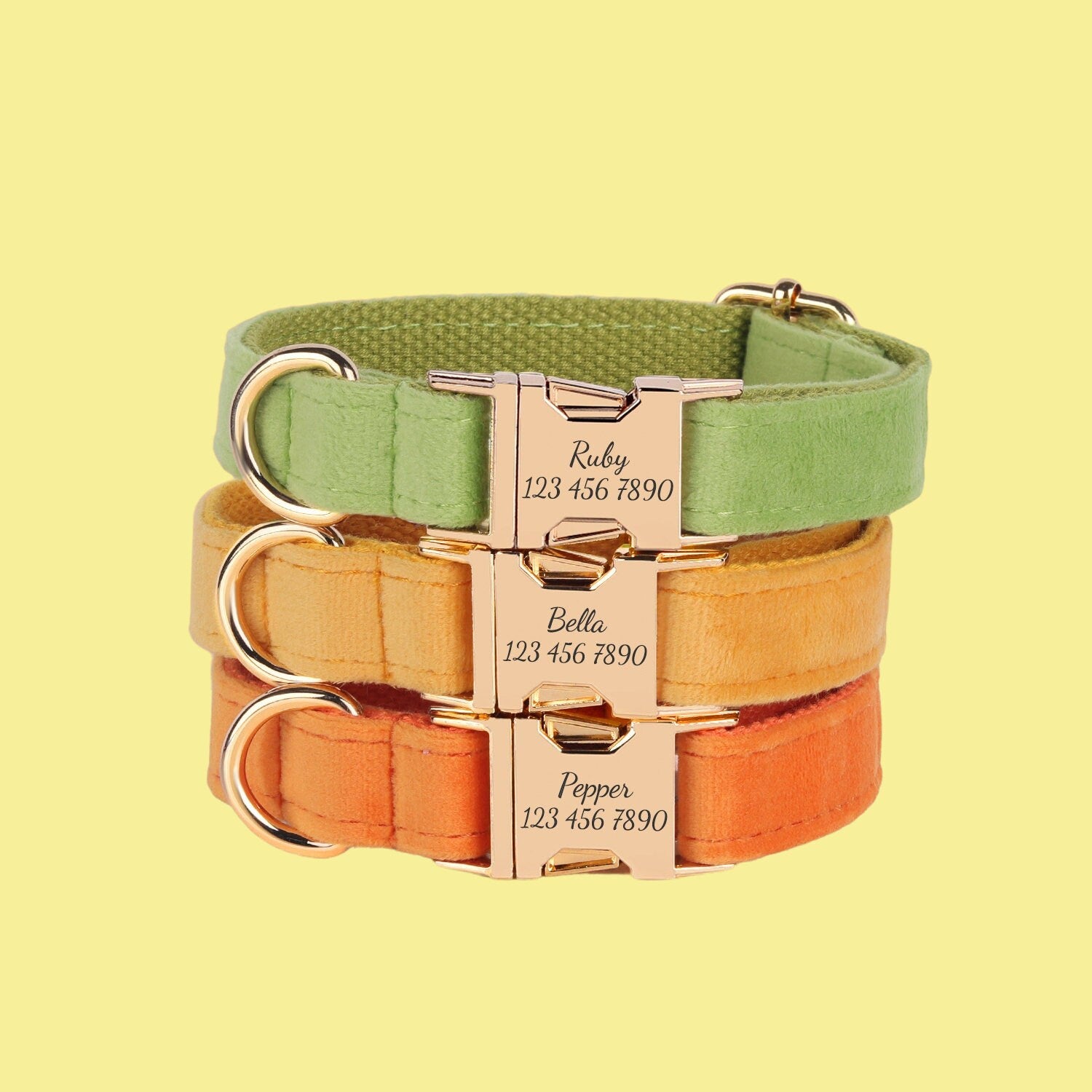 Velvet Personalized Dog Collar Leash Set, Green+Orange, Engraved Pet Name Metal Buckle, Wedding Dog Gift, Custom Puppy Collar