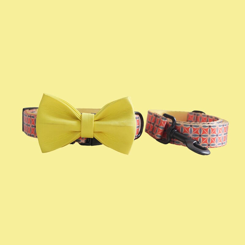 a yellow bow tie on a dog collar