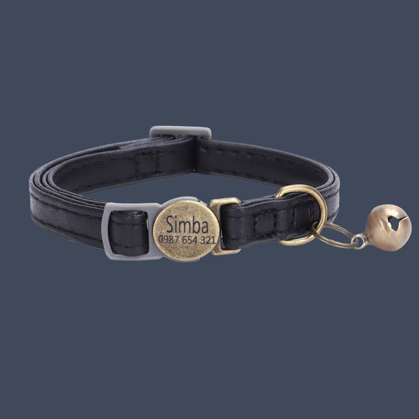 a black leather dog collar with a brass plate