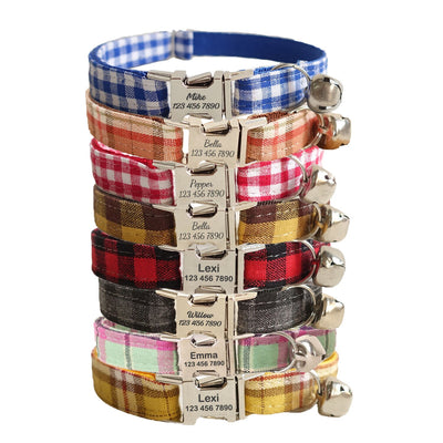 Plaid Custom Cat Collar with Bow Tie, Personalized Kitten Collar with Free Removable Bell, Cute Personalised Cat Collar Cat Gift