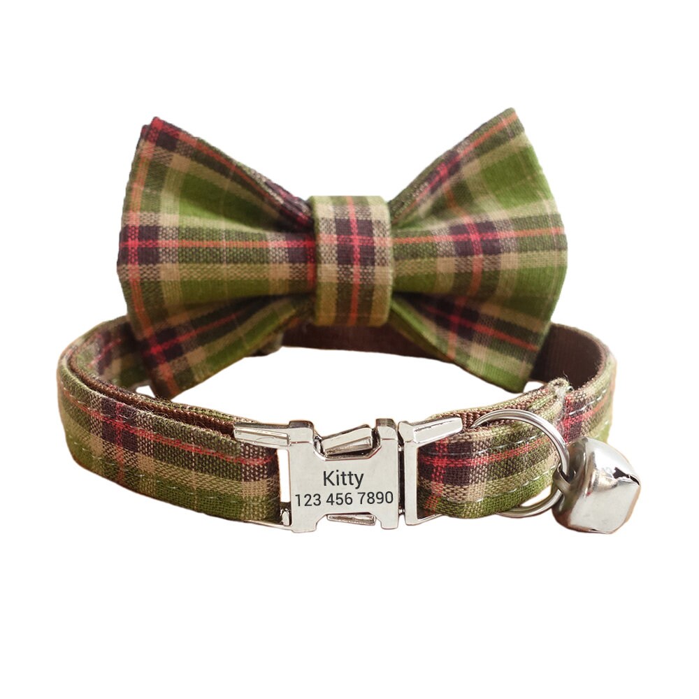 Plaid Custom Cat Collar with Bow Tie, Personalized Kitten Collar with Free Removable Bell, Cute Personalised Cat Collar Cat Gift