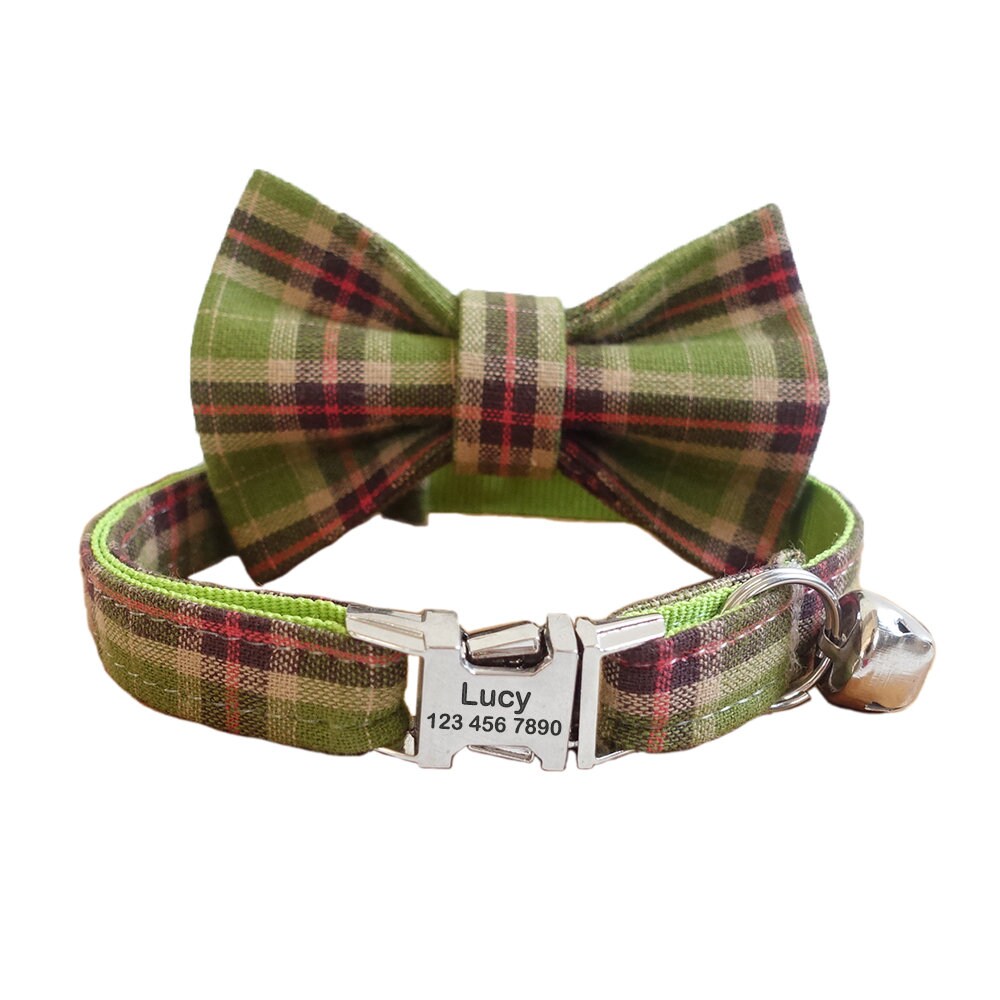 Plaid Custom Cat Collar with Bow Tie, Personalized Kitten Collar with Free Removable Bell, Cute Personalised Cat Collar Cat Gift