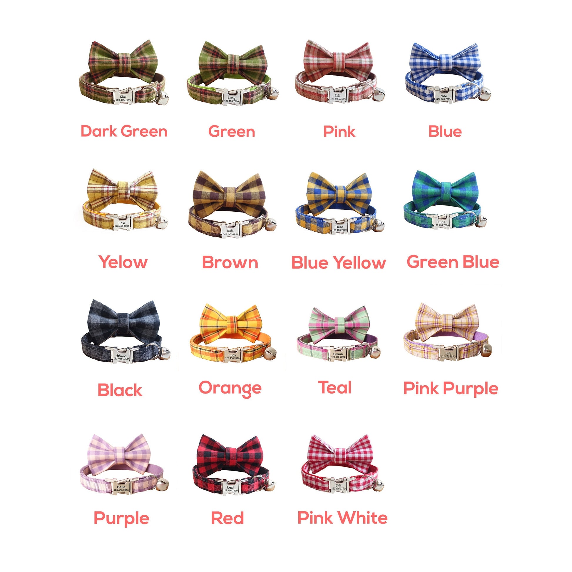 Plaid Custom Cat Collar with Bow Tie, Personalized Kitten Collar with Free Removable Bell, Cute Personalised Cat Collar Cat Gift