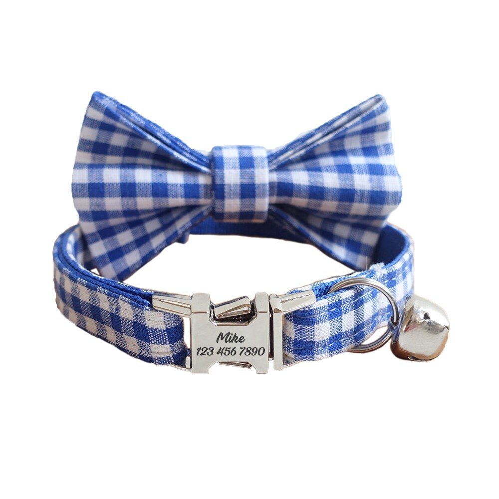 Plaid Custom Cat Collar with Bow Tie, Personalized Kitten Collar with Free Removable Bell, Cute Personalised Cat Collar Cat Gift