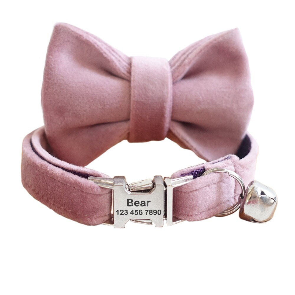 Custom Velvet Cat Collar, Soft Personalized Cat Collar with Bowtie, Adjustable Luxury Soft Kitten Collar, Wedding/Birthday Cat Gift