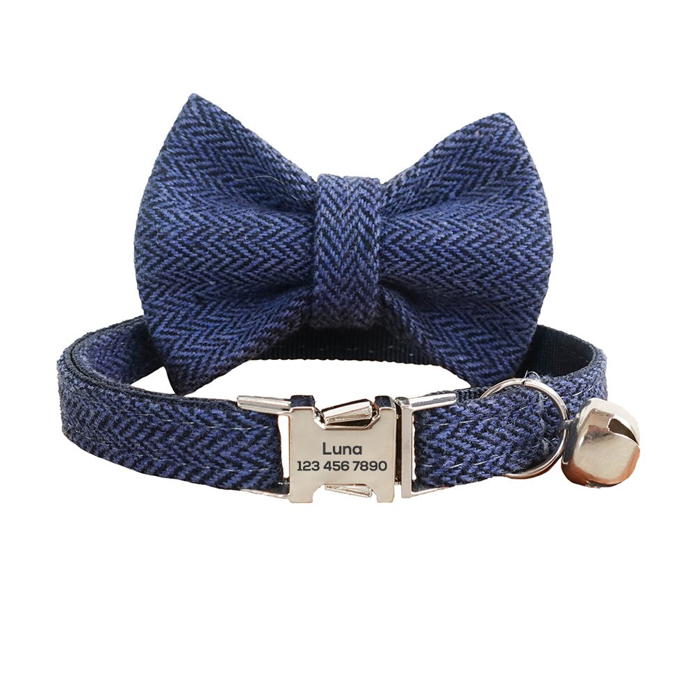 Custom Cat Collar with Bow Tie, Personalized Kitten Collar with Free Bell, Cotton Boy Cat Collar, Cat Gift