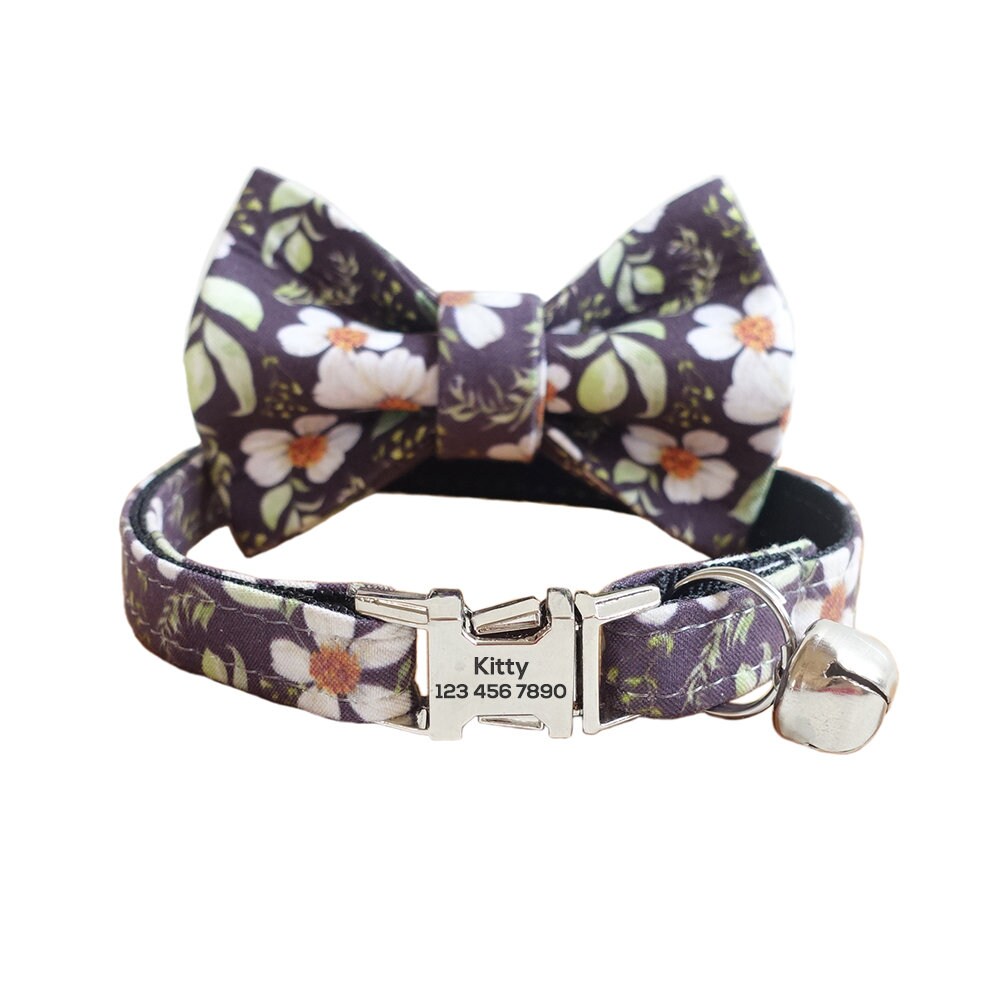 Custom Cat Collar with Bow Tie, Flower Personalized Kitten Collar with Free Bell, Cotton Cat Collar, Cat Gift