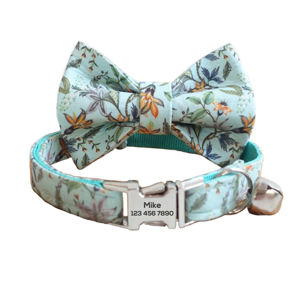 Custom Cat Collar with Bow Tie, Flower Personalized Kitten Collar with Free Bell, Cotton Cat Collar, Cat Gift