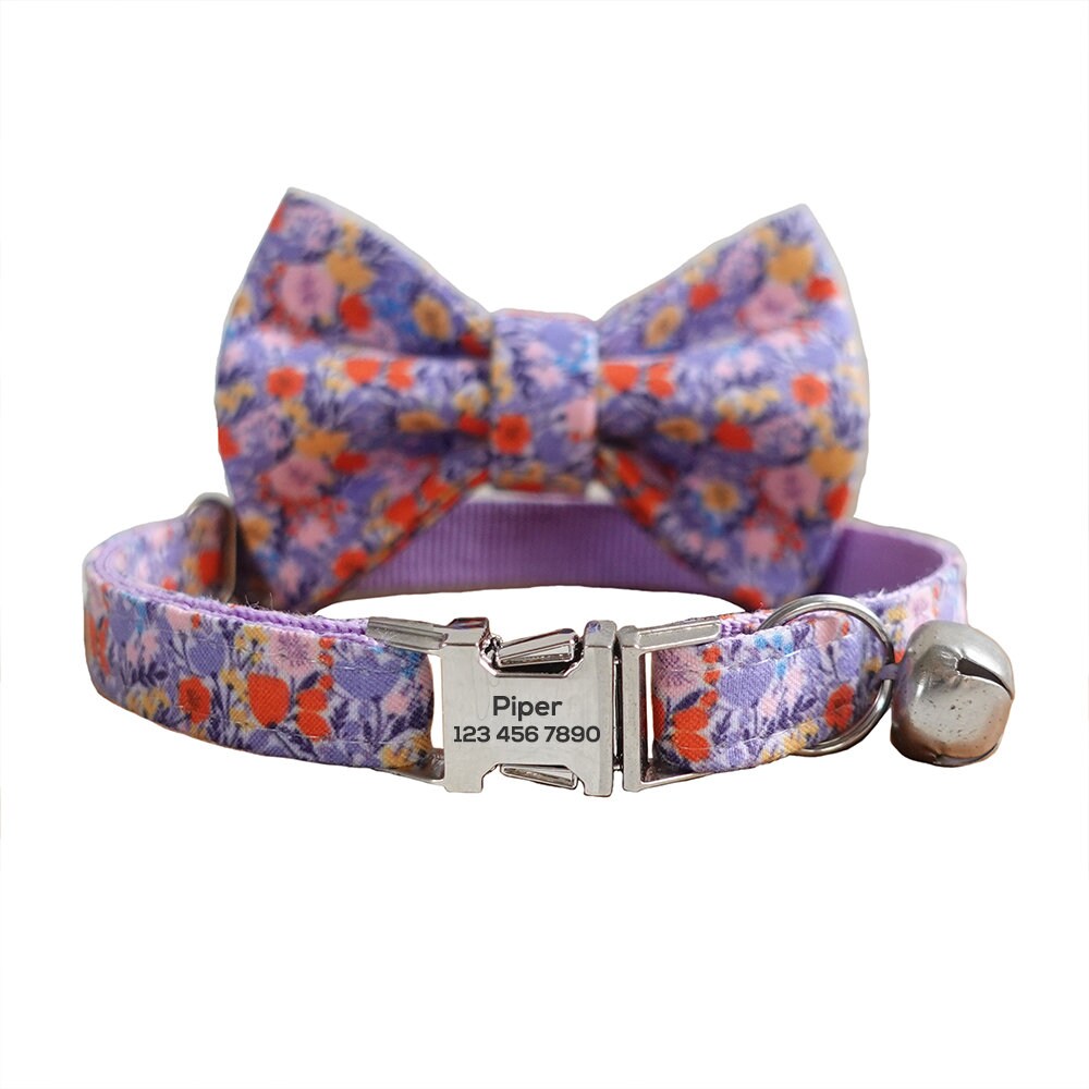 Custom Cat Collar with Bow Tie, Flower Personalized Kitten Collar with Free Bell, Cotton Cat Collar, Cat Gift